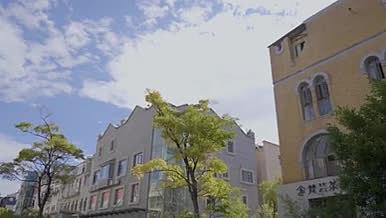 蓝天白云城市小区惬意街道行走视频的预览图